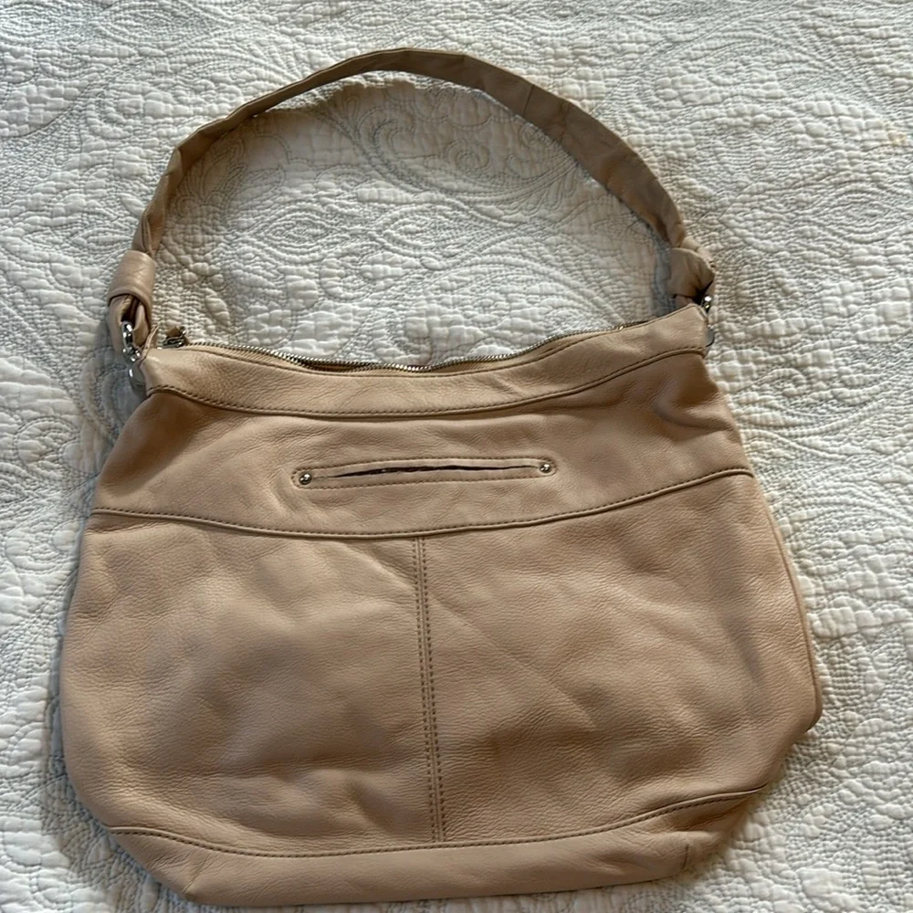B Makowsky Beige Leather Hobo Shoulder Bag